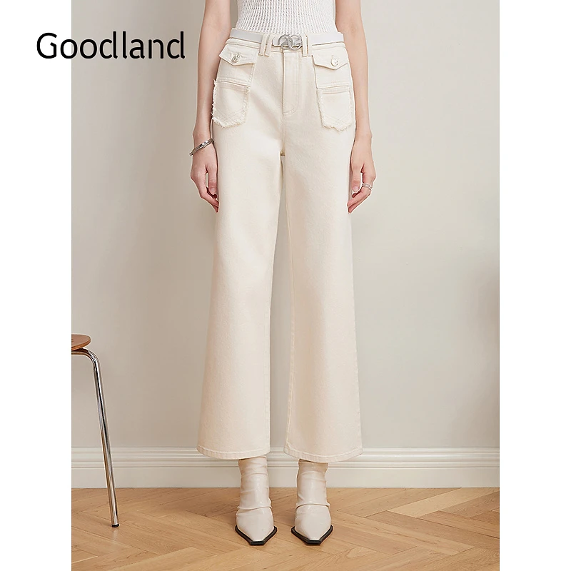 Goodland美地2025春季新款法式欧若精灵风长裤优雅直筒牛仔裤