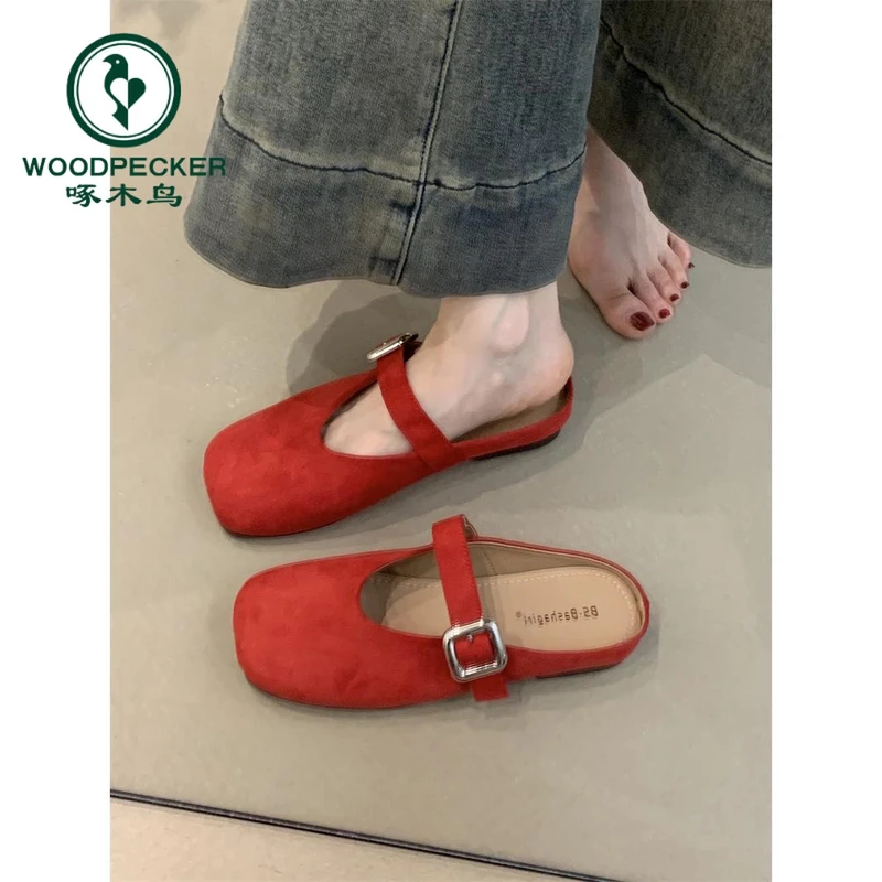 啄木鸟玛丽珍鞋2025年春季法式温柔仙女风绒面一脚蹬懒人包头拖鞋