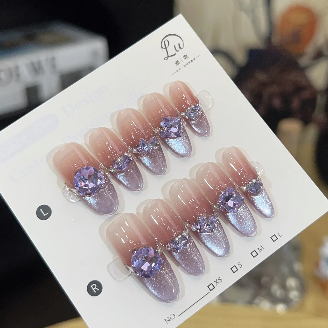 【九重紫】鹿鹿家-纯手工穿戴甲紫色系灵动玻璃珠猫眼高品钻锆石X