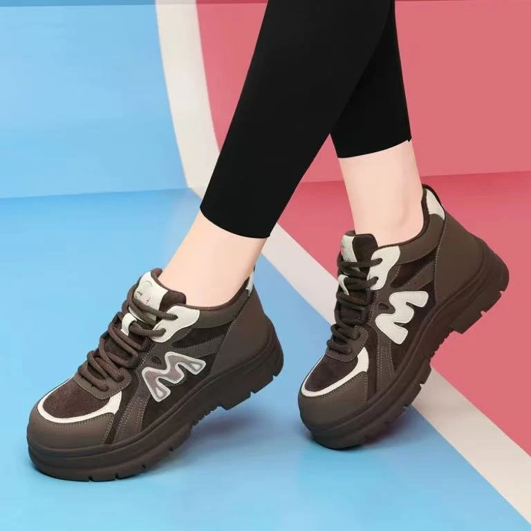 C5116 棕色绒里  时尚厚底圆头高帮系带女休闲板鞋