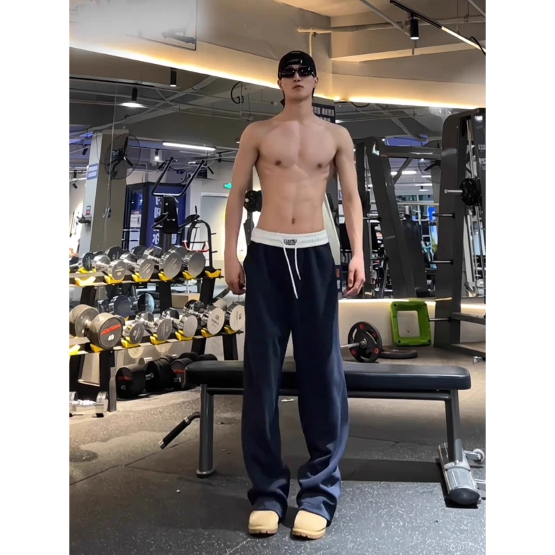藏青色马吉拉弯刀卫裤男秋季美式运动健身裤子cleanfit直筒微喇裤