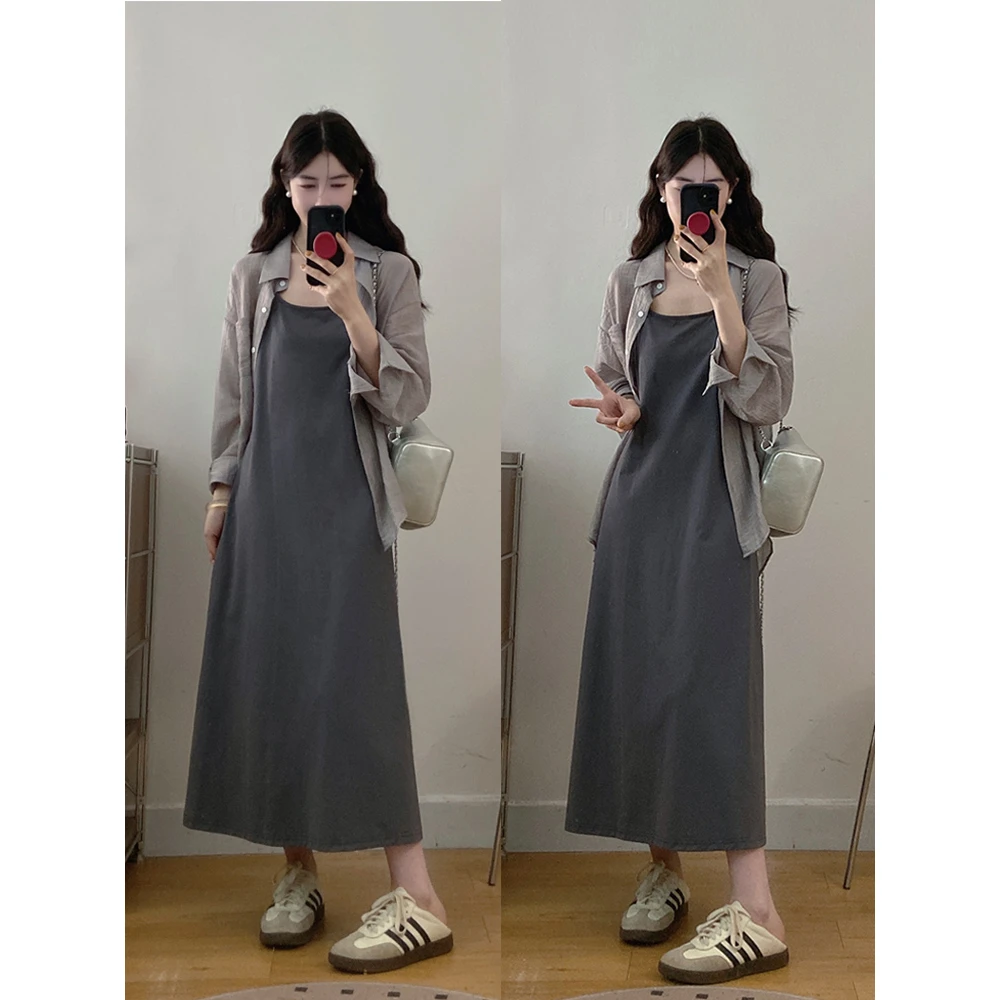 大码女装秋季新款简约吊带裙连衣裙显瘦长袖衬衣套装女