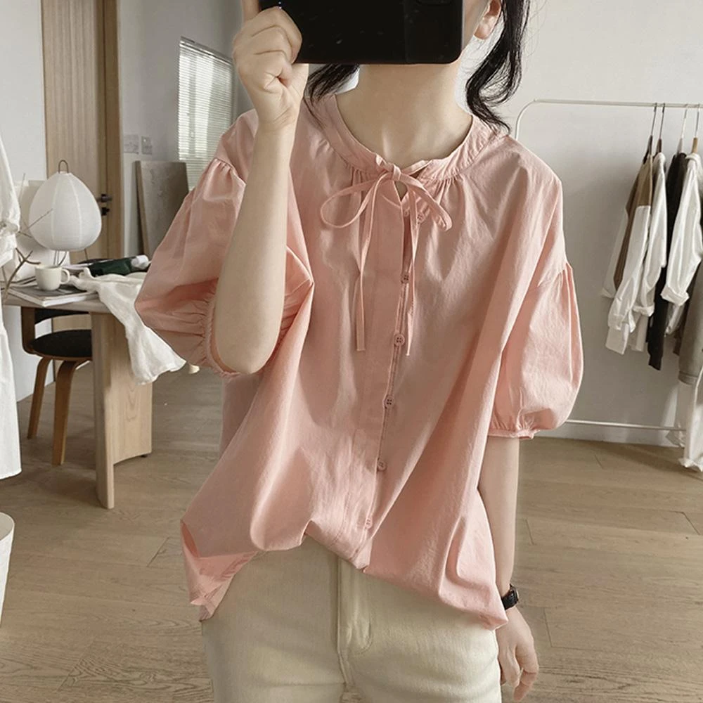 夏季新款时尚洋气宽松系带蝴蝶结别致纯棉显瘦灯笼袖短袖纯色衬衫