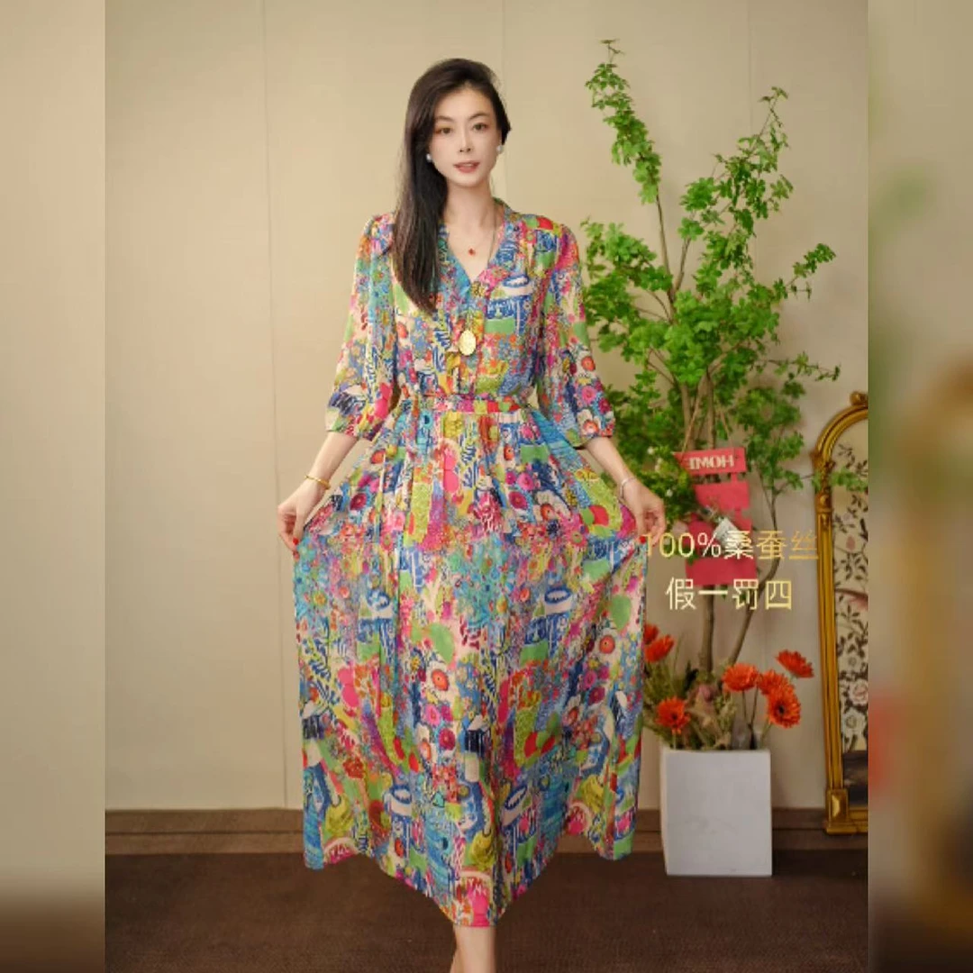 【多米拉】07125-4彩虹丝路夏季桑蚕丝连衣裙长裙