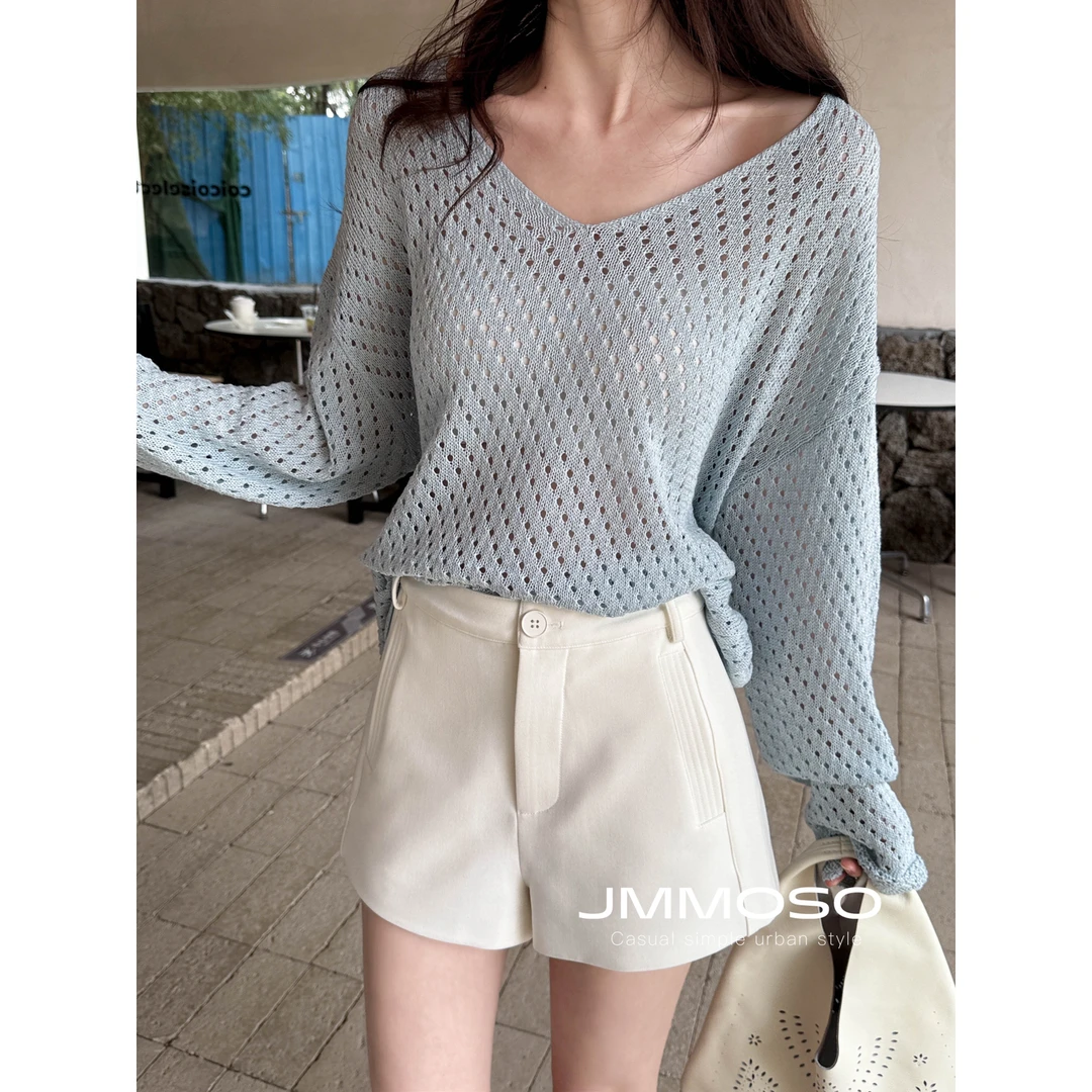 法式时尚休闲打底夏小众薄款V领镂空宽松可斜肩穿针织衫(配腰带)