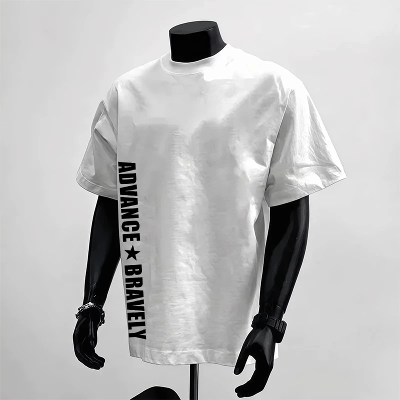 高街300G重磅休闲百搭纯棉短袖男士T恤潮牌创意字母印花情侣圆领