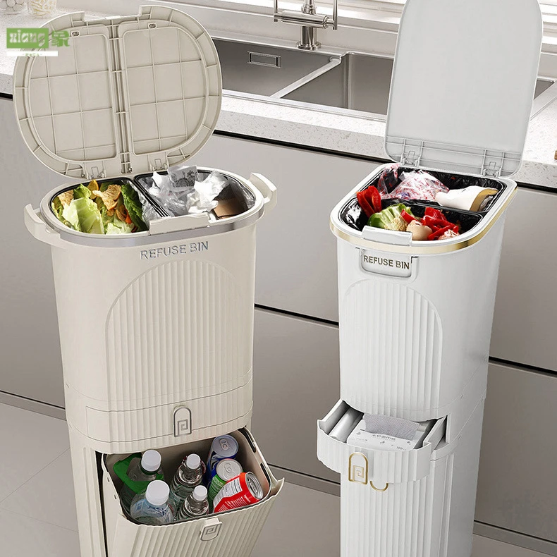 厨房垃圾桶家用翻盖多层脚踏按压厨余垃圾分类带轮干湿分离垃圾筒