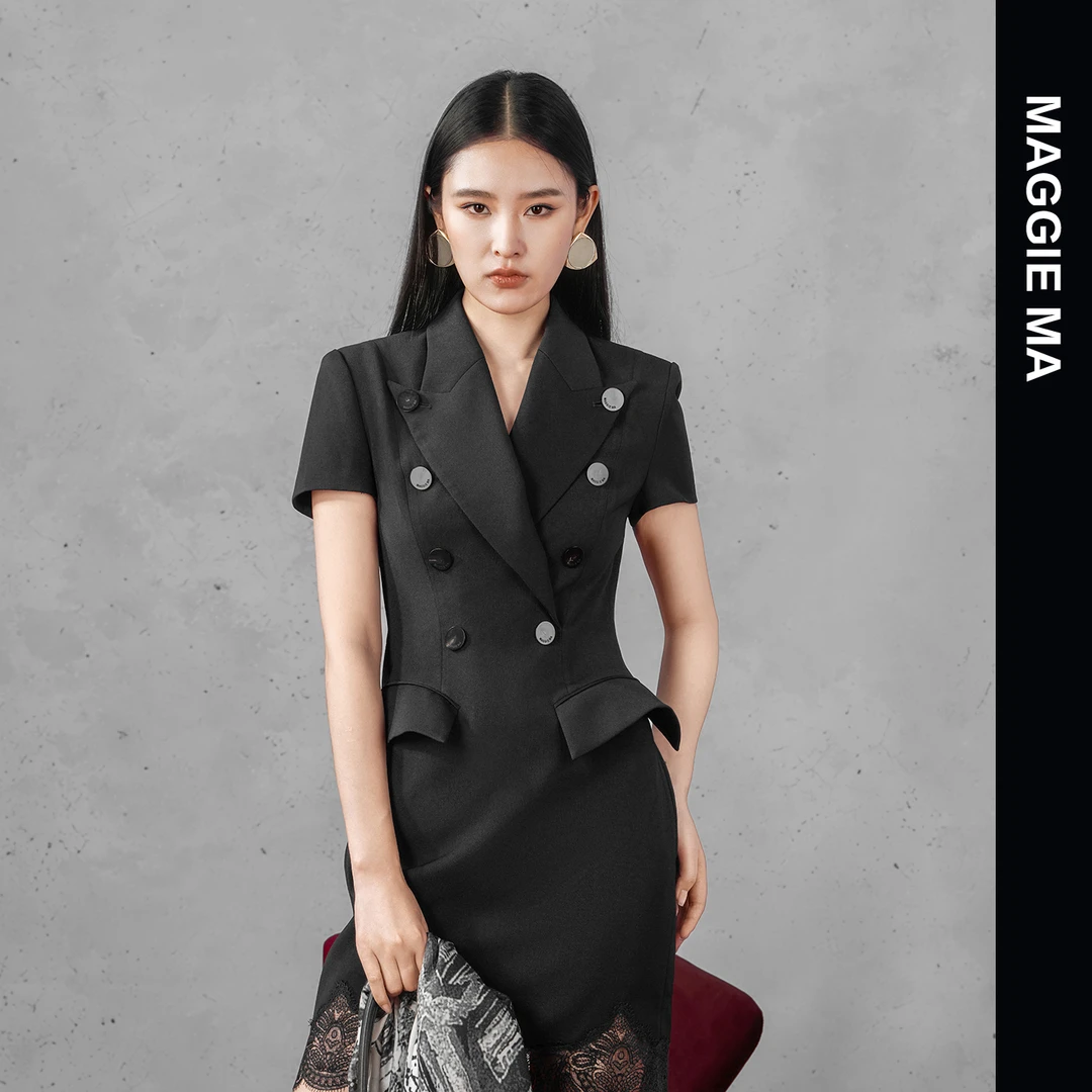 MAGGIE MA马婧设计师款气质双排扣拼接蕾丝修身显瘦连衣裙女320D