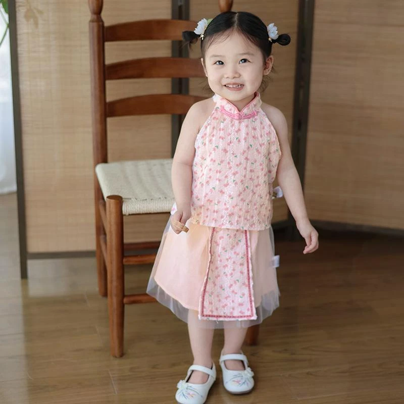 套装夏季中国风汉服童装女孩无袖盘扣背心裙子两件套周岁礼服