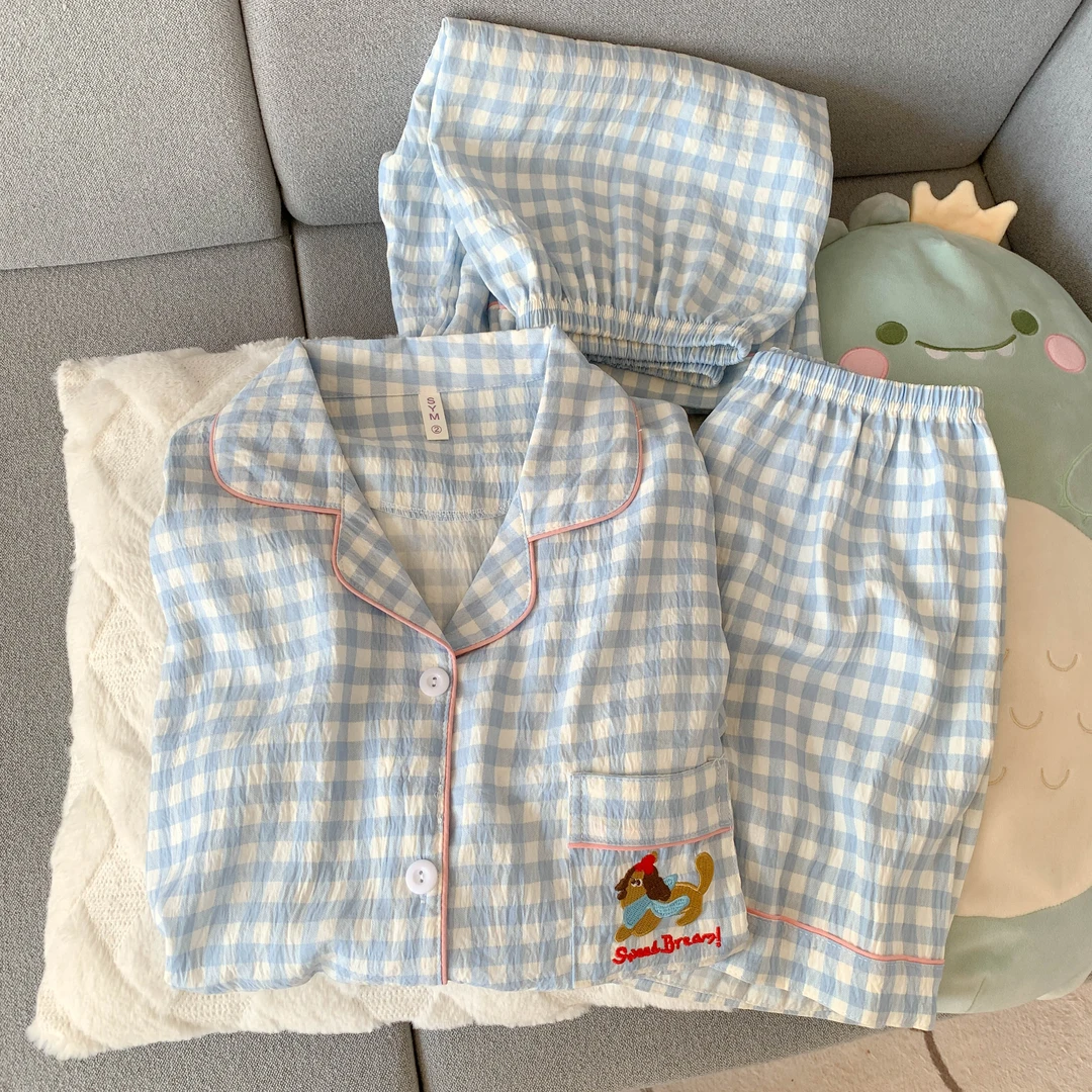 夏季睡衣女云朵棉蓝格腊肠狗短袖三件套薄款透气宽松大码家居服
