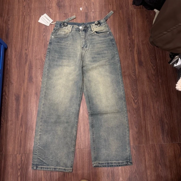 工厂清货 美式复古水洗宽松直筒牛仔裤