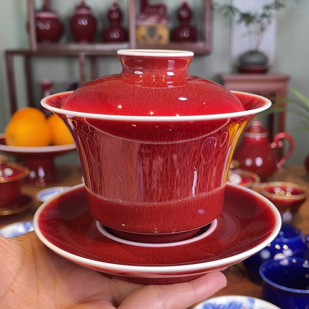 清欢雅玩原矿郎红马蹄盖碗