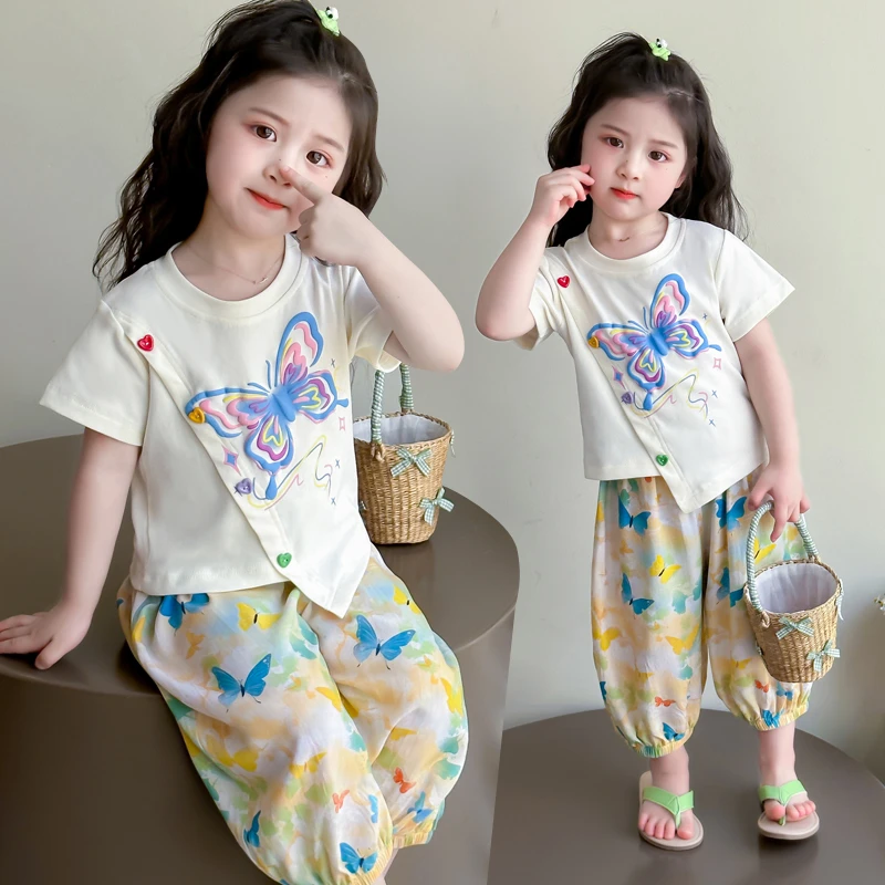 小女孩夏装洋气女宝宝蝴蝶结短袖套装甜美女童T恤防蚊裤两件套潮
