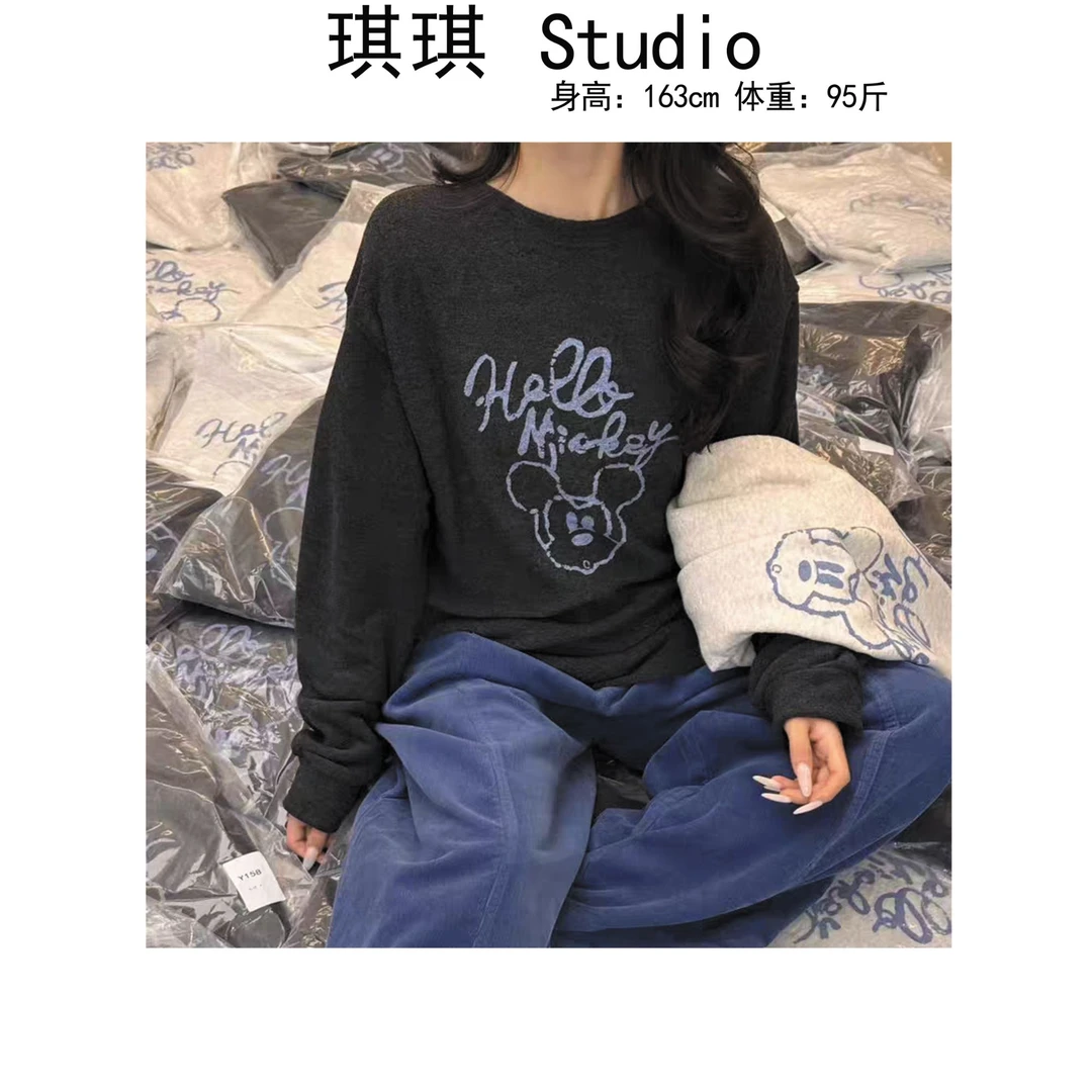 《琪琪家》冬季新款加绒加厚拼色字母卡通米鼠头减龄卫衣6634-CS