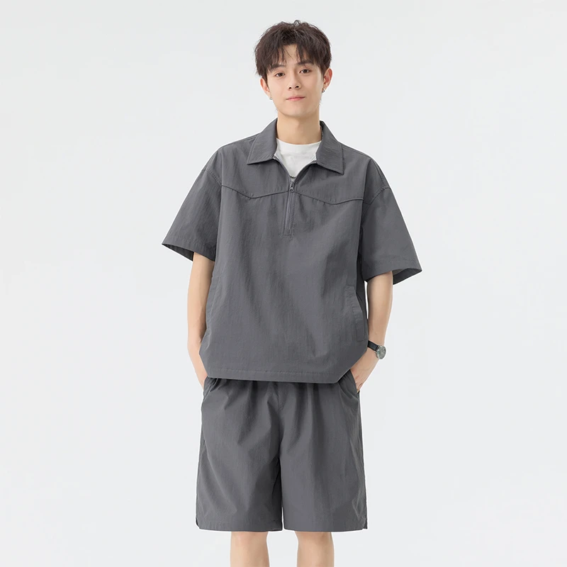 翻领情侣夏季套装连帽薄款休闲运动百搭宽松潮流两件套简约男生