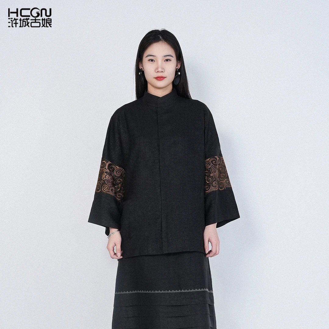 国风100桑蚕丝高级宽松显瘦立领云若烟中式香云纱外套HASS060022