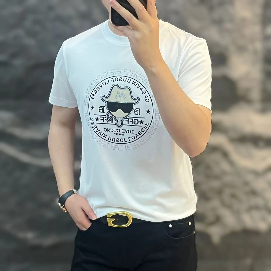 新款高端男士潮流百搭个性烫钻小人图案休闲短袖圆领T恤GF68003