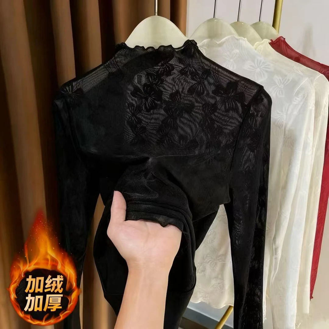 木耳边半高领网纱打底衫女秋冬新款内搭纱衣柔软洋气提花蕾丝上衣