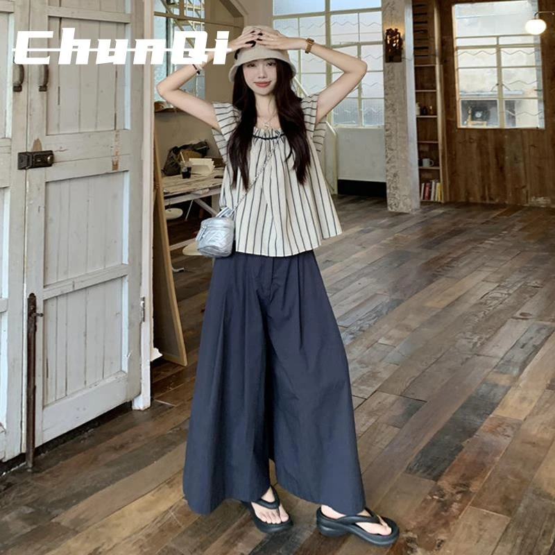 淳启休闲套装女复古条纹飞飞袖衬衫夏季宽松阔腿休闲裤两件套潮流