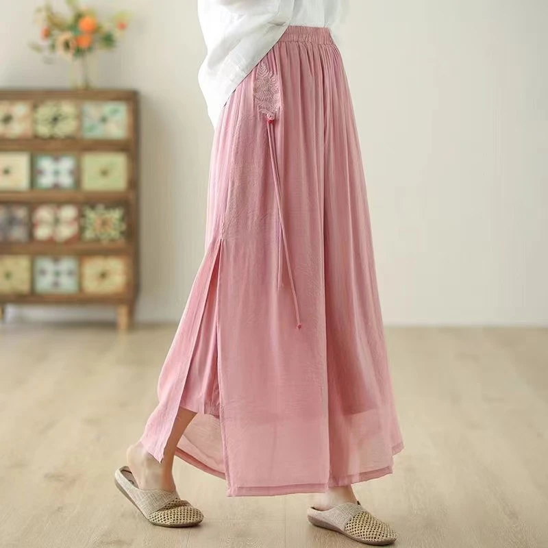 新国风时尚气质高腰休闲裤夏季开叉飘逸