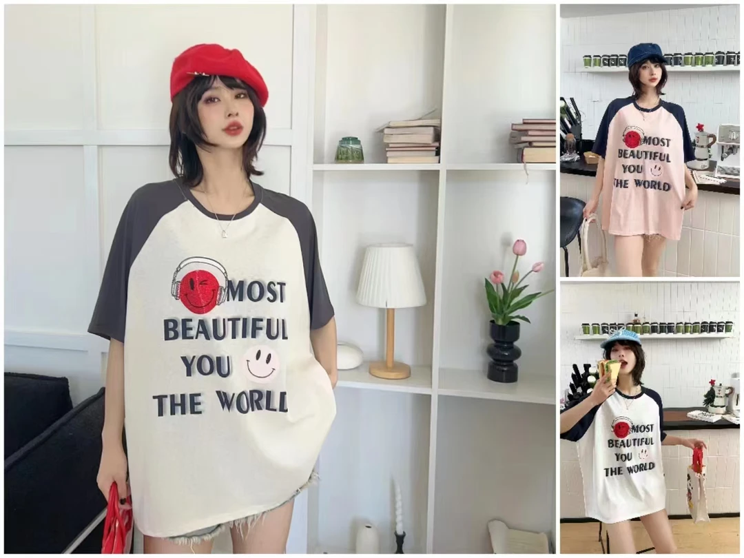 烫印中长款短袖圆领拼色印花T恤显瘦套装大码家居服减龄