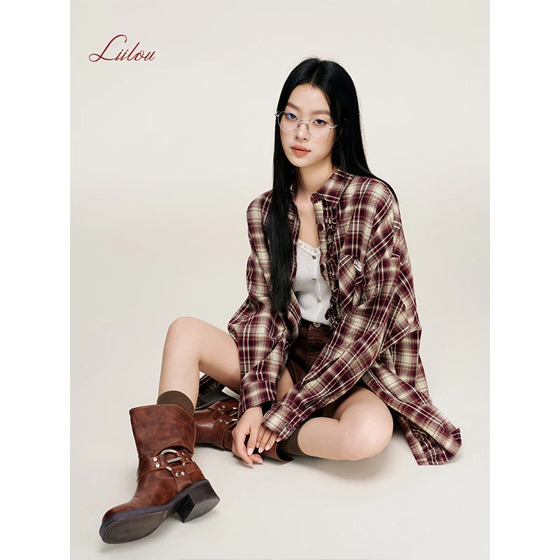 【郭昱维专属】Liilou 木耳花边 加厚磨毛格纹宽松长袖衬衫