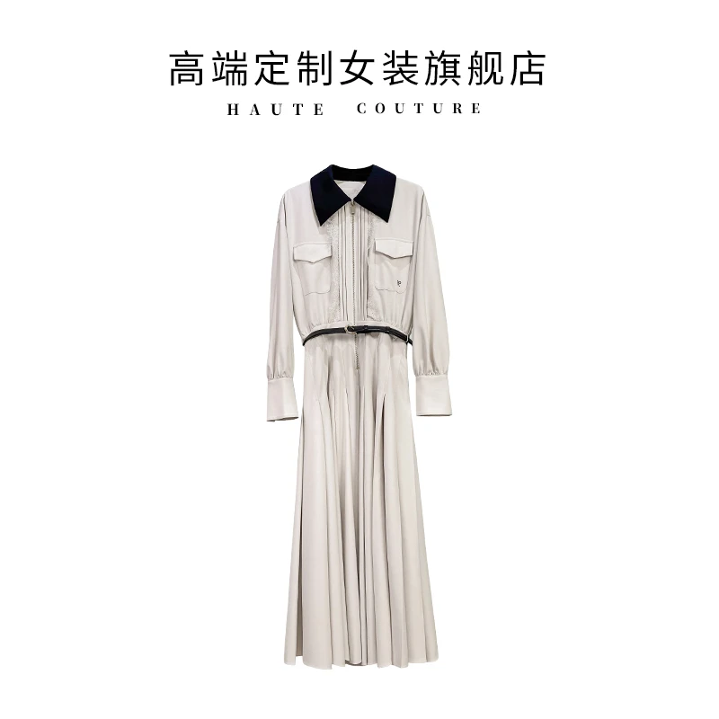 【SHIBO】早秋法式撞色翻领时尚休闲蕾丝拼接收腰显瘦通勤连衣裙