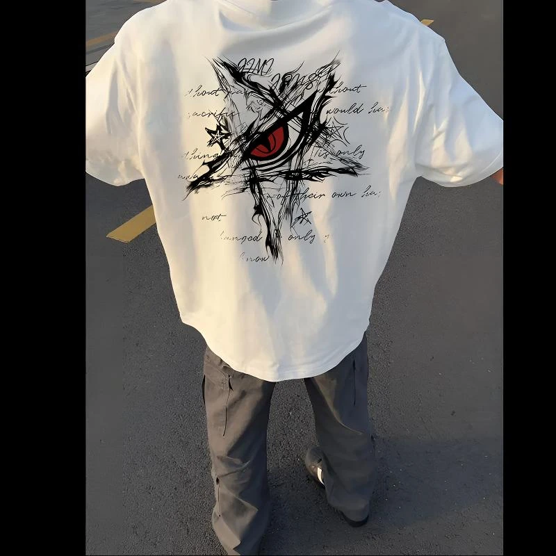260g潮牌恶魔之眼美式短袖男高街潮流夏季纯棉男生t恤国潮上衣
