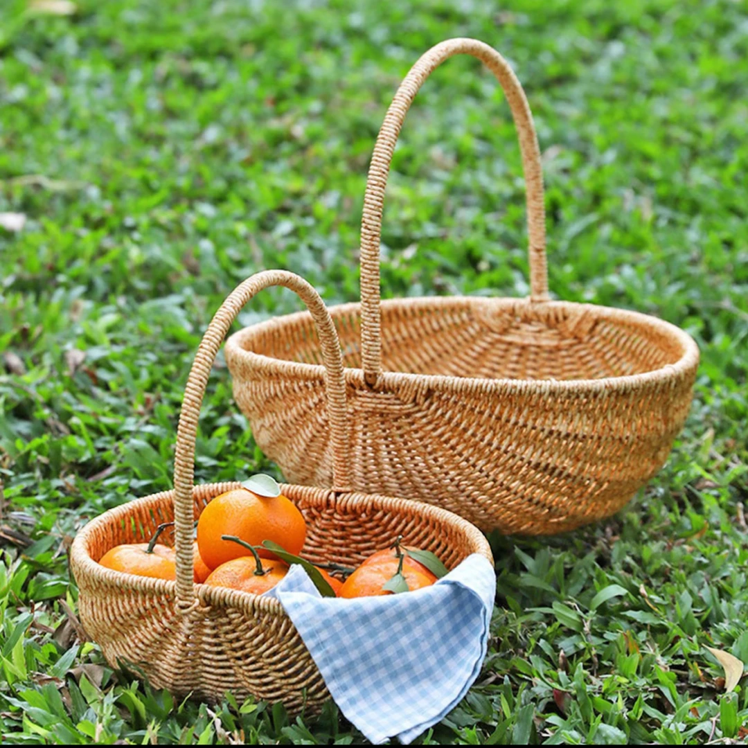 TY22浅咖色西瓜篮】简约ins打卡水果采摘篮鸡蛋篮花篮送礼篮仿藤