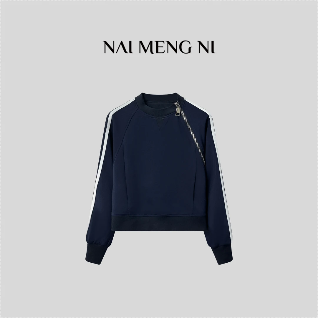 【齐齐定制】春季短款女拼接中长款斜拉链卫衣百搭圆领长袖 25N6389