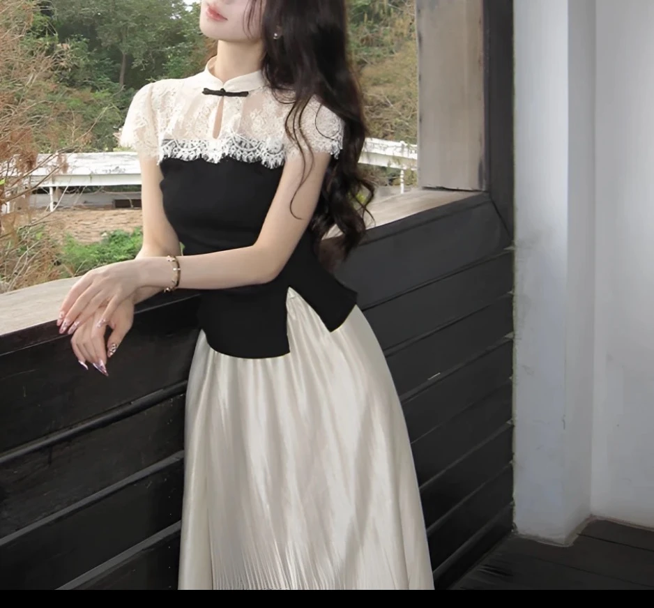 【思思推荐】新中式中国风时尚套装拼接复古短袖短款小众礼服法式