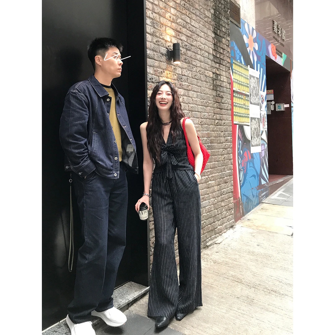 夏诗文 全亚麻条纹宽松直筒裤子