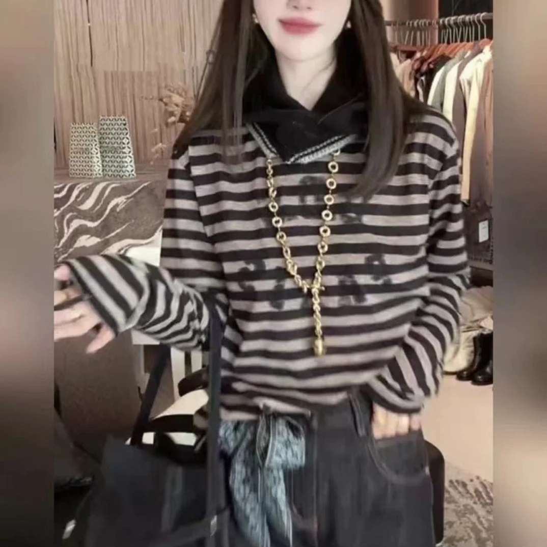 【BAI】复古慵懒松弛感条纹长袖秋季宽松休闲显瘦上衣77257