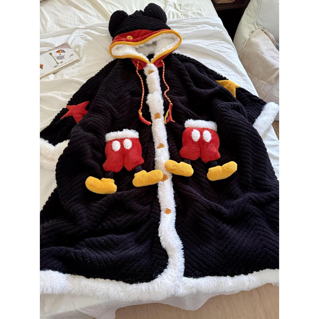 米奇珊瑚绒可外穿连帽秋冬新款睡袍女可爱卡通加厚保暖家居服套装