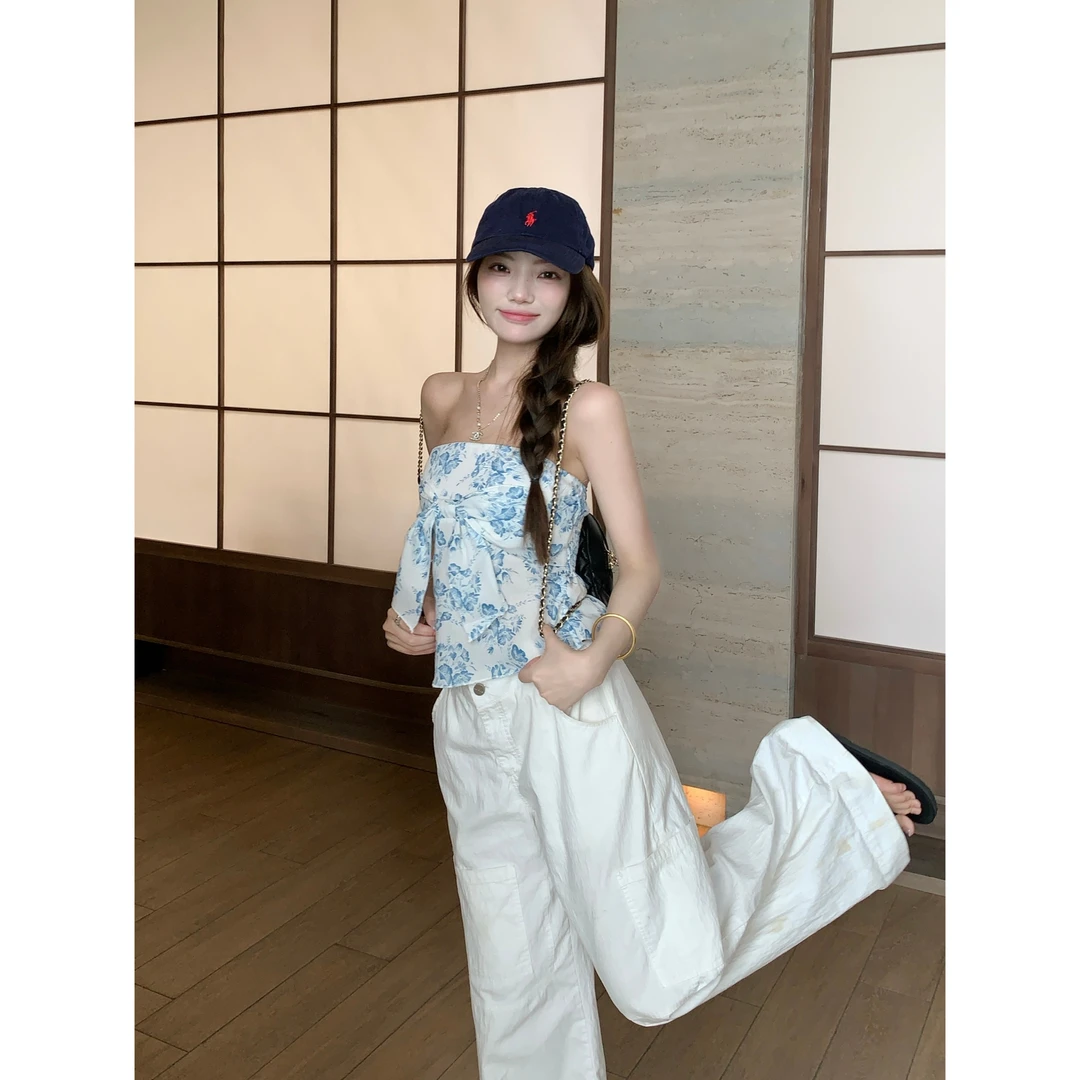 绝美青花瓷/小白花抹胸+花苞吊带组