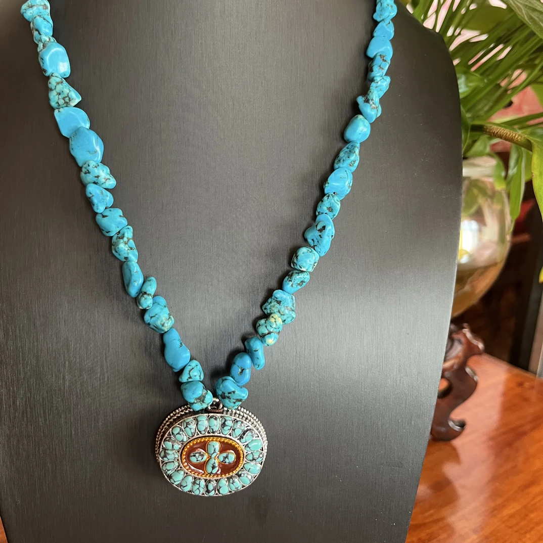 非金属仿珍珠项链 非金属布艺项链藏族饰品民族风蓝色