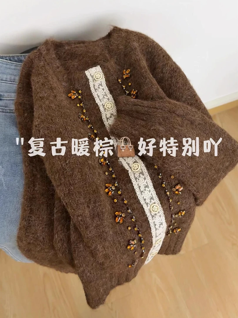 慵懒风高级感复古暖棕色重工亮片毛衣女2025秋新款软糯时尚针织衫