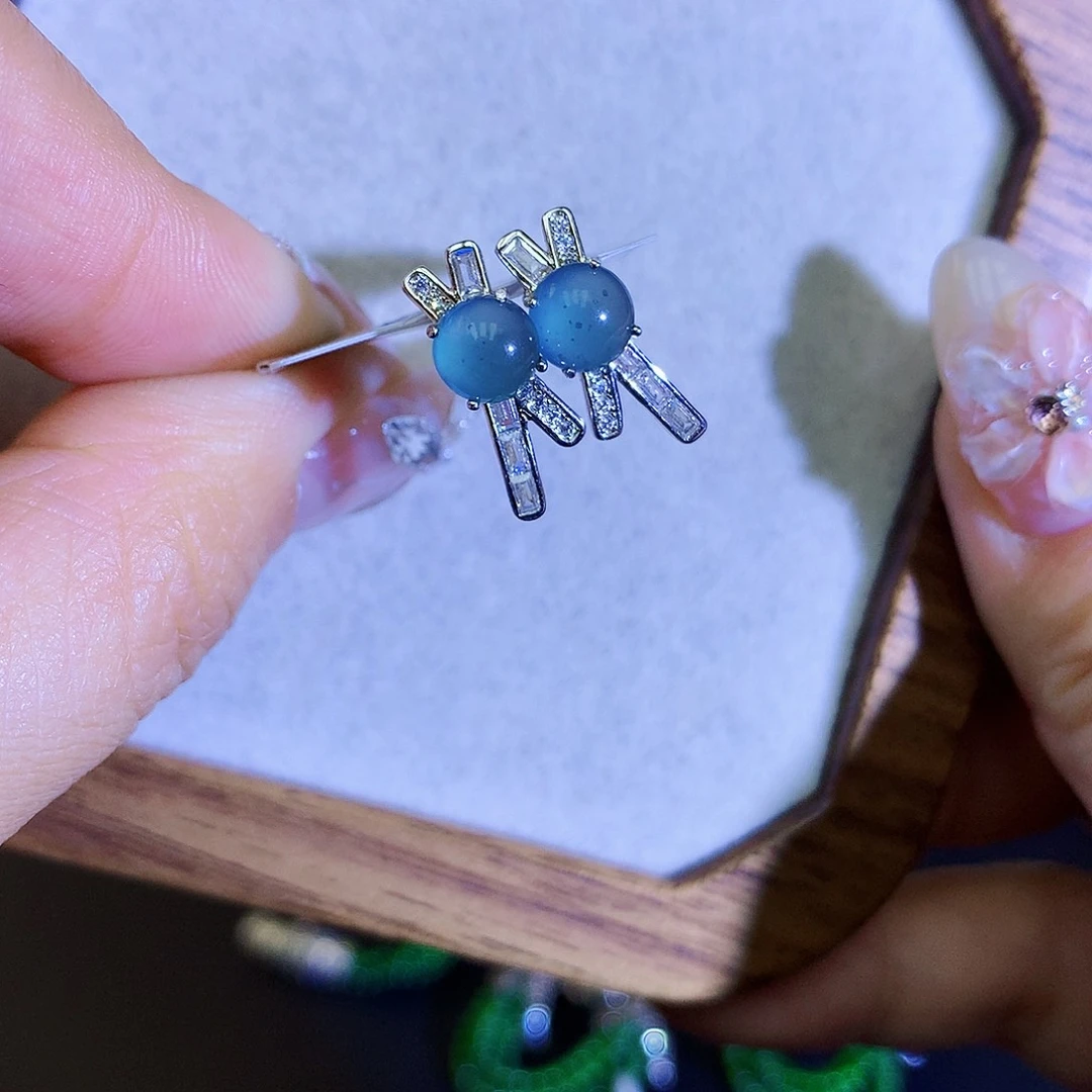 翡翠耳饰银S925镶嵌天然翡翠耳钉