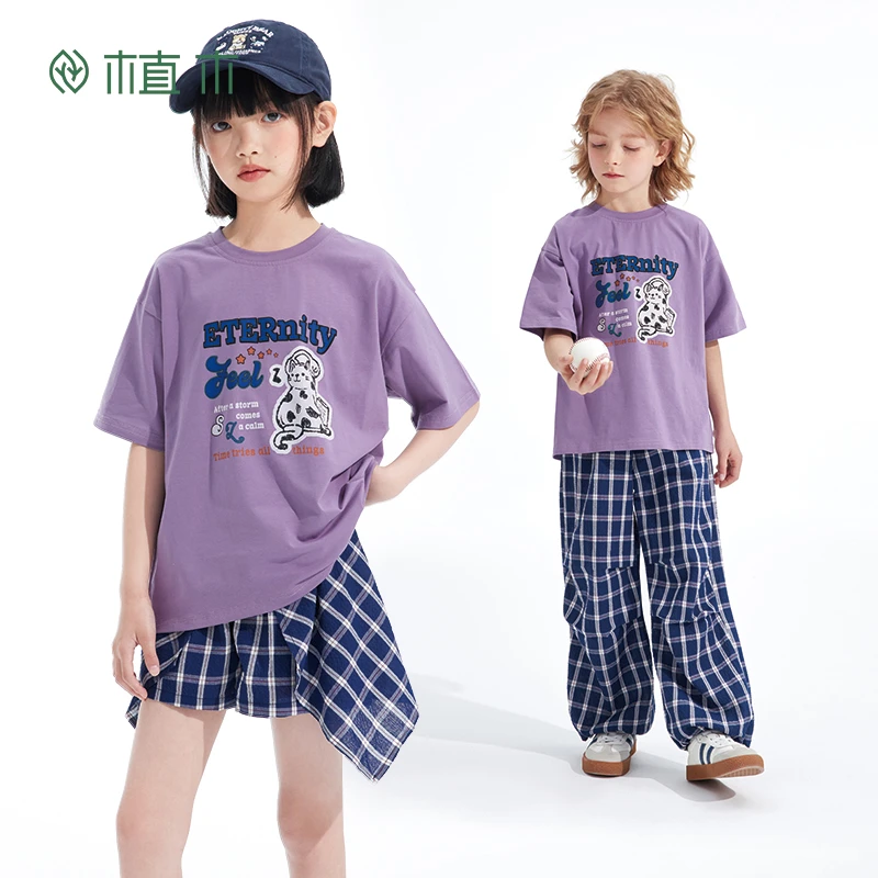 植木童装男童T恤2025夏季新款中大童透气卡通猫圆领上衣儿童T恤