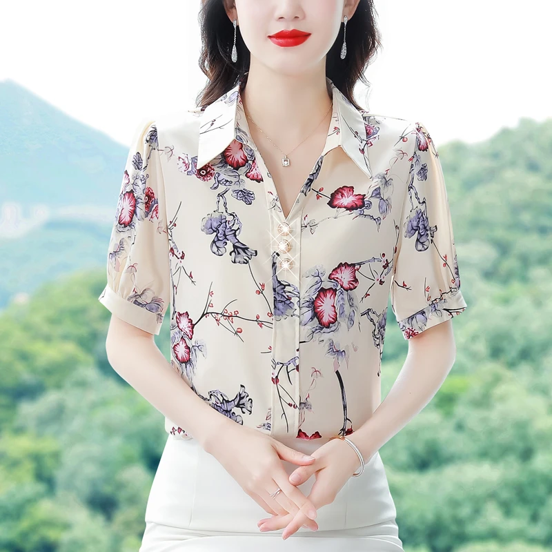 夏季衬衫女士时尚中年妈妈夏装短袖雪纺上衣洋气减龄2025新款小衫