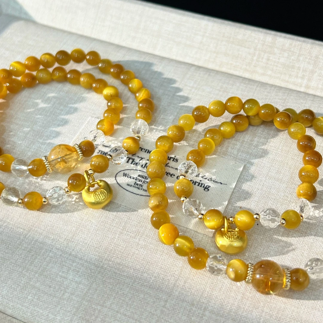 【上上签】日照金山黄塔晶虎眼石福气双圈水晶手链礼物原创