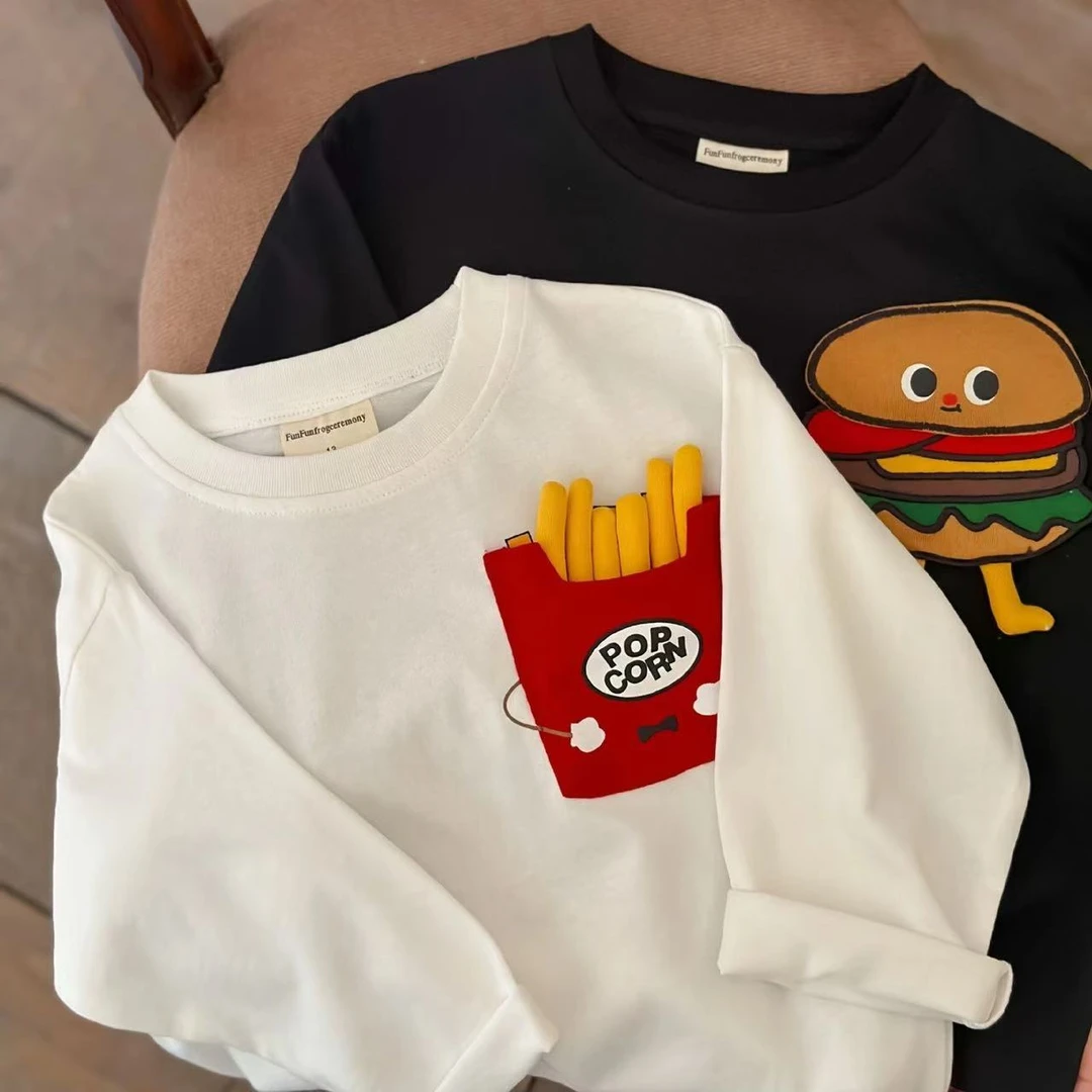 儿童春秋长袖T恤打底衫男童韩版宽松上衣汉堡薯条童装女宝宝春季