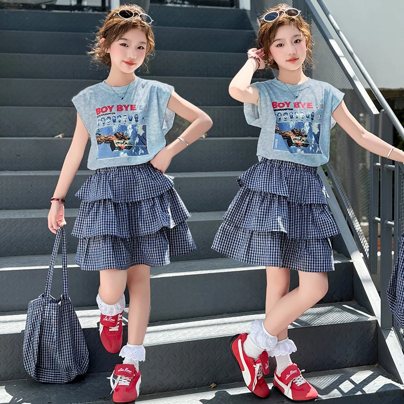女童短袖套装夏装2025新款中大童洋气网红T恤格子裙蛋糕裙两件套