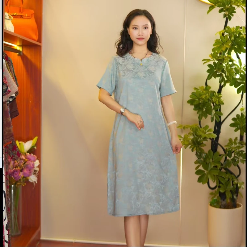 蓝锦裙 气质中长款夏季时尚连衣裙百搭遮肉裙子10217-888