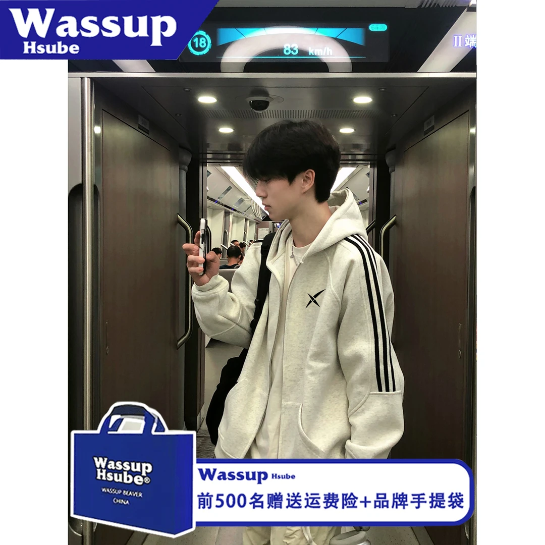 WASSUP HSUBE宽松潮流秋冬长袖印花简约字母拉链三条杠情侣上衣