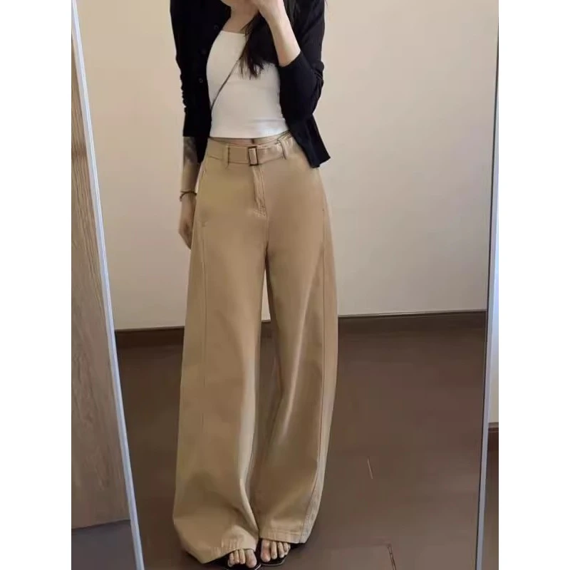 卡其色复古弯刀阔腿牛仔裤女2025春季设计感高腰宽松显瘦直筒长裤