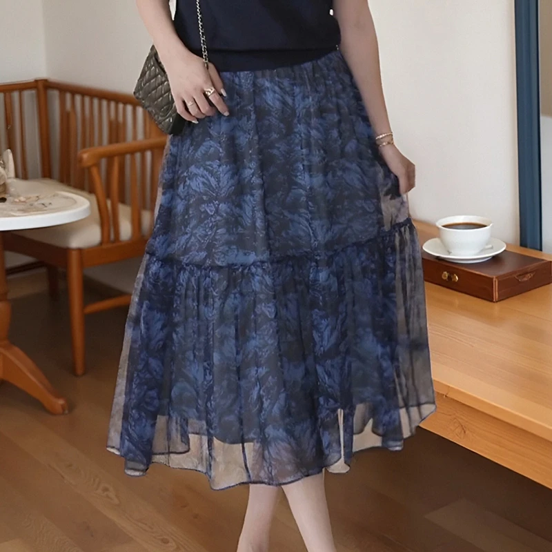 002多巴胺爆款简约清新外穿短袖超仙中长款a字森女过膝通勤半身裙