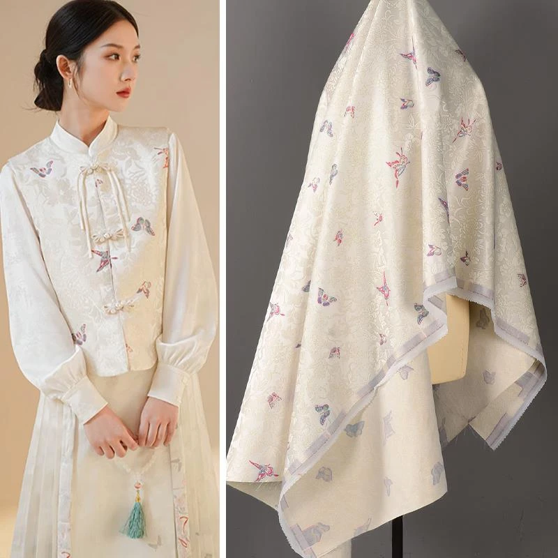 中式云锦剪花浮雕色织多彩蝴蝶织锦缎提花面料 米白色蝶恋花布料