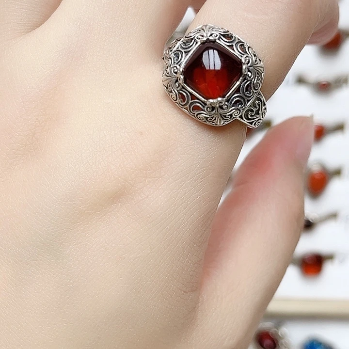 琥珀银S925镶嵌戒指天然