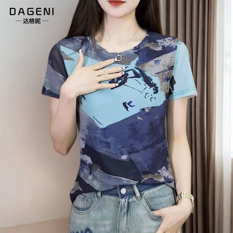 女士网纱短袖t恤夏季2025新款时尚圆领印花小衫休闲百搭半袖上衣